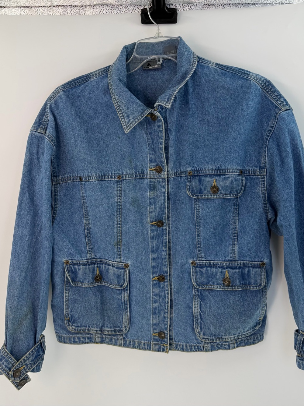 Lizwear Vintage Denim Jacket Womens Large Blue Cotton Trucker Utility Coat
